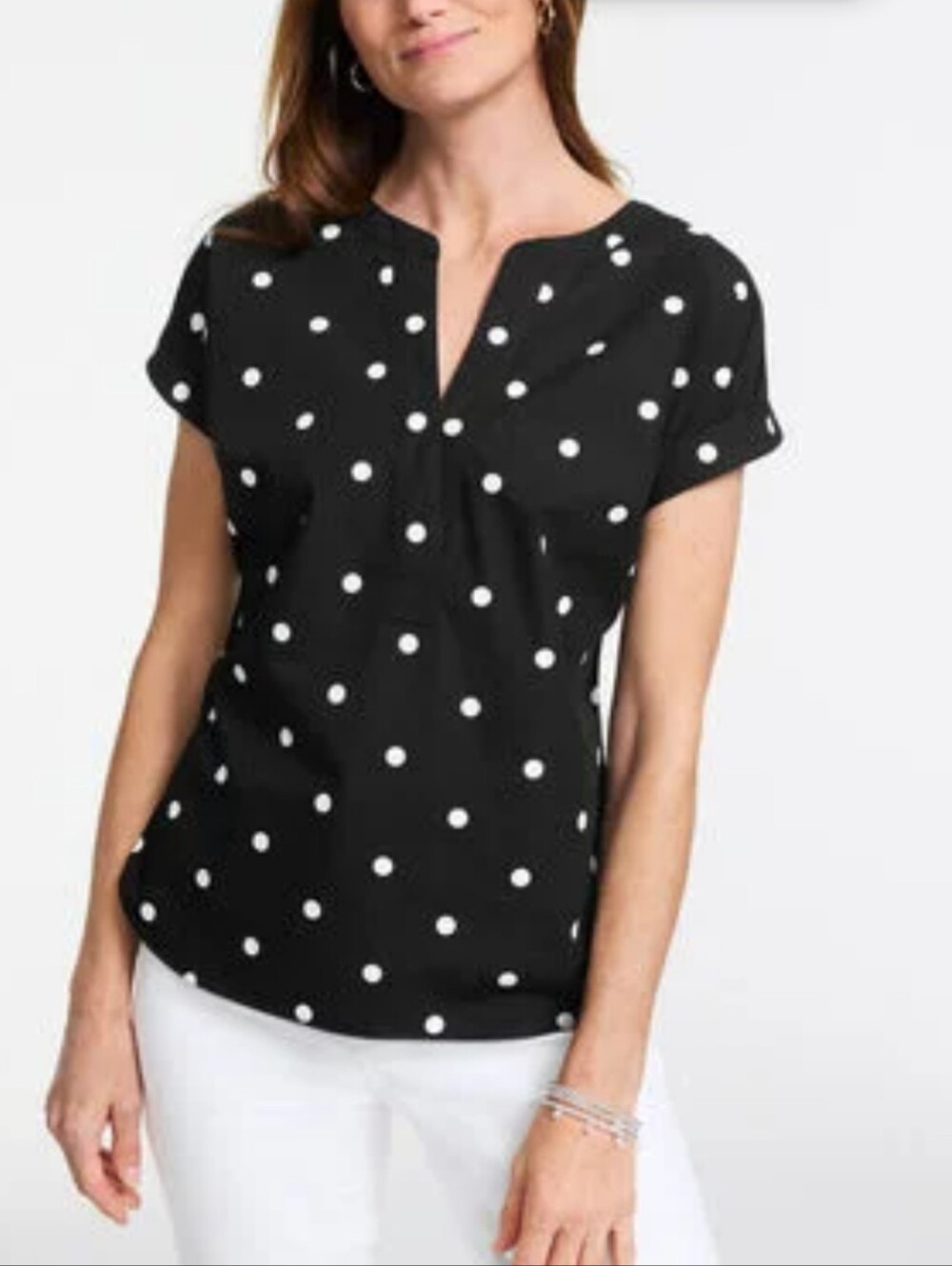 Talbots Cotton Poplin Popover Garden Polka Dot Blouse
